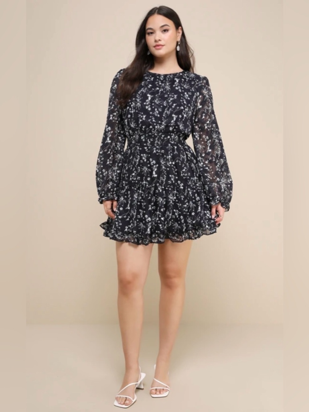 Lulus Too Cute Navy Blue Floral Print Smocked Long Sleeve Mini Dress M NWT